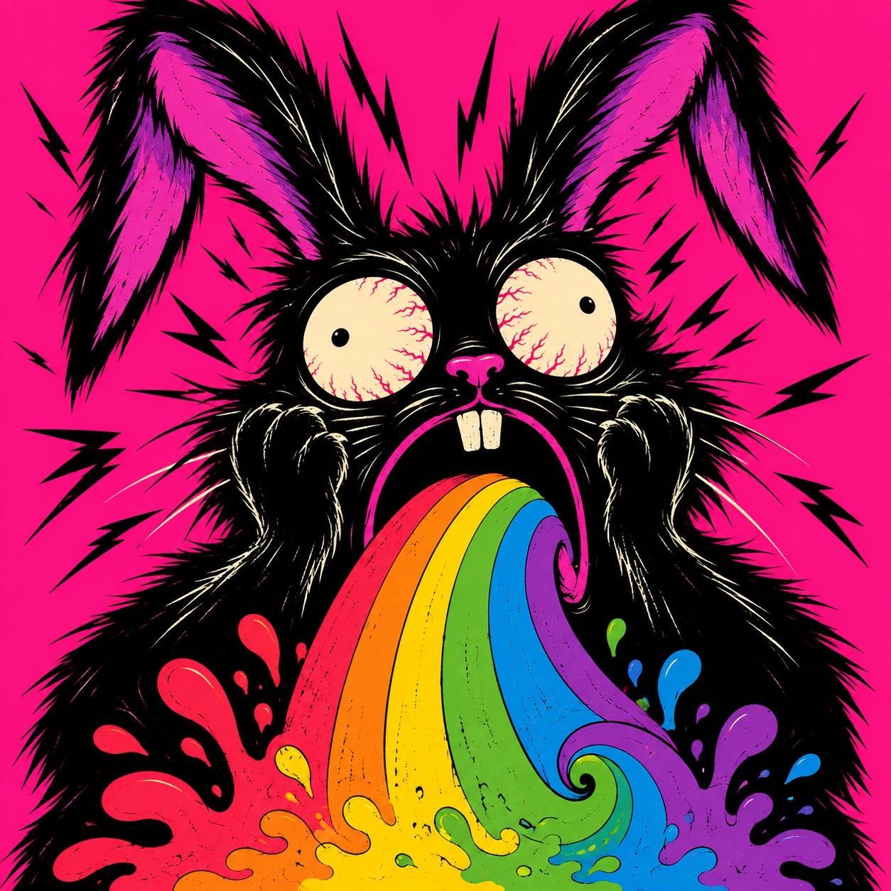 A wild-eyed black rabbit exploding with rainbow colour