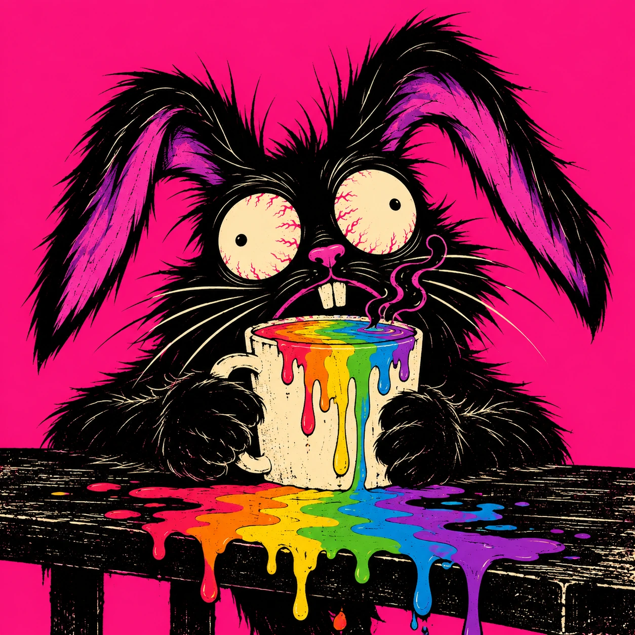 An exhausted rabbit holds an overflowing rainbow coffee