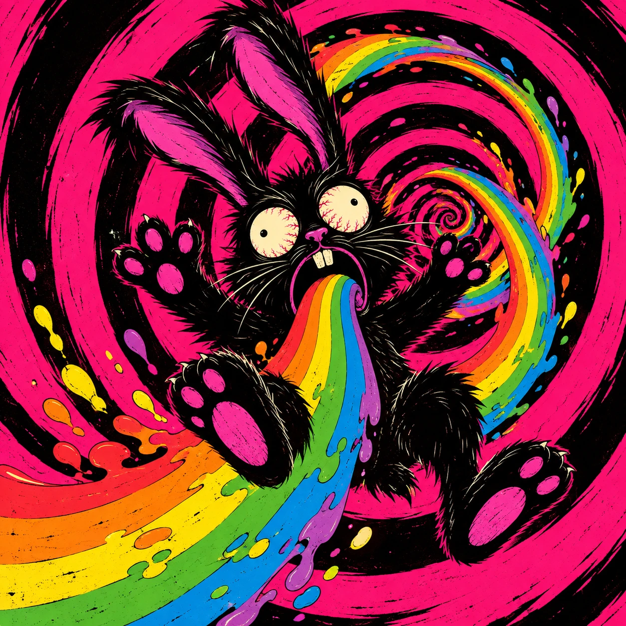 The rabbit falls backwards into a black and pink spiral