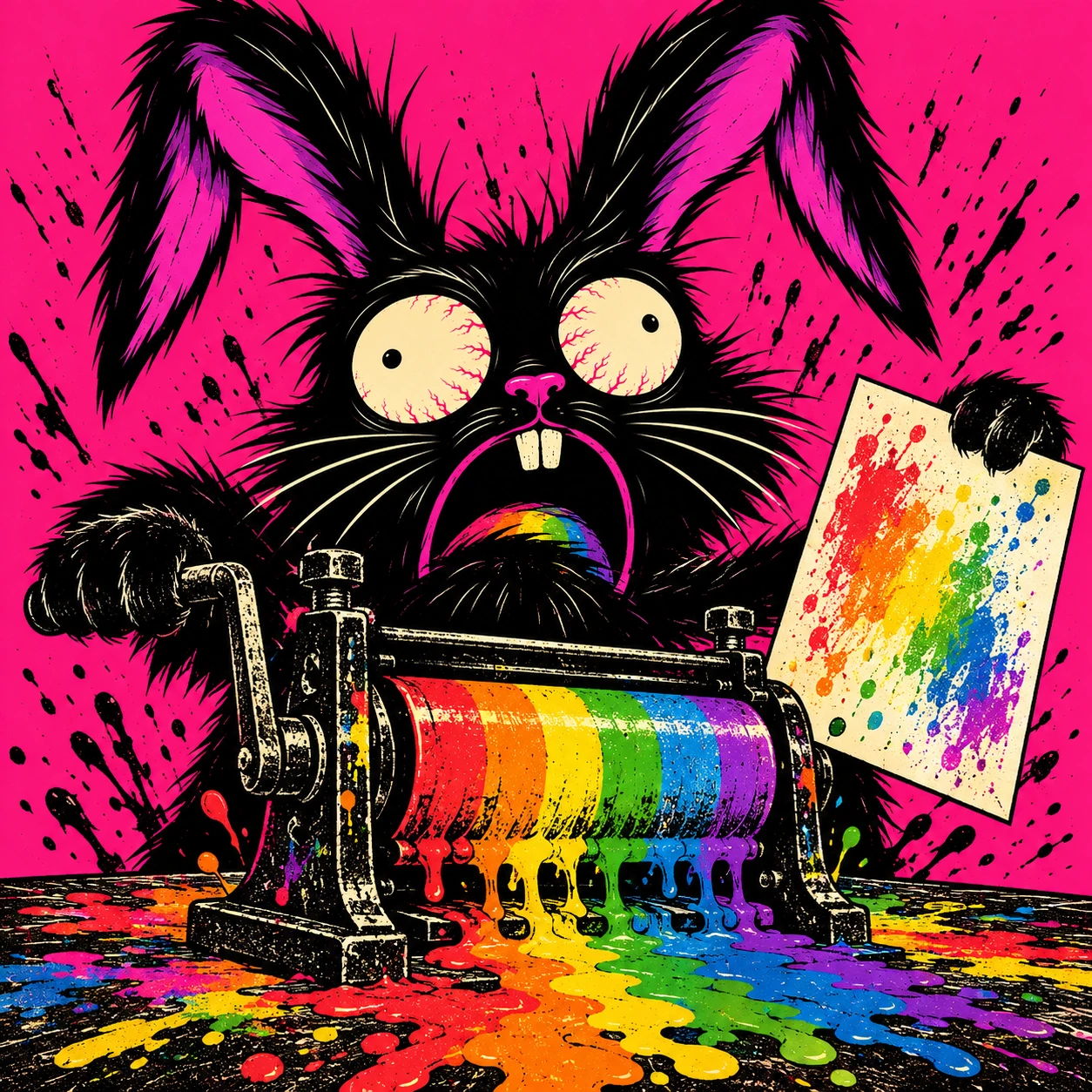 The rabbit cranks a printing press leaking rainbow ink