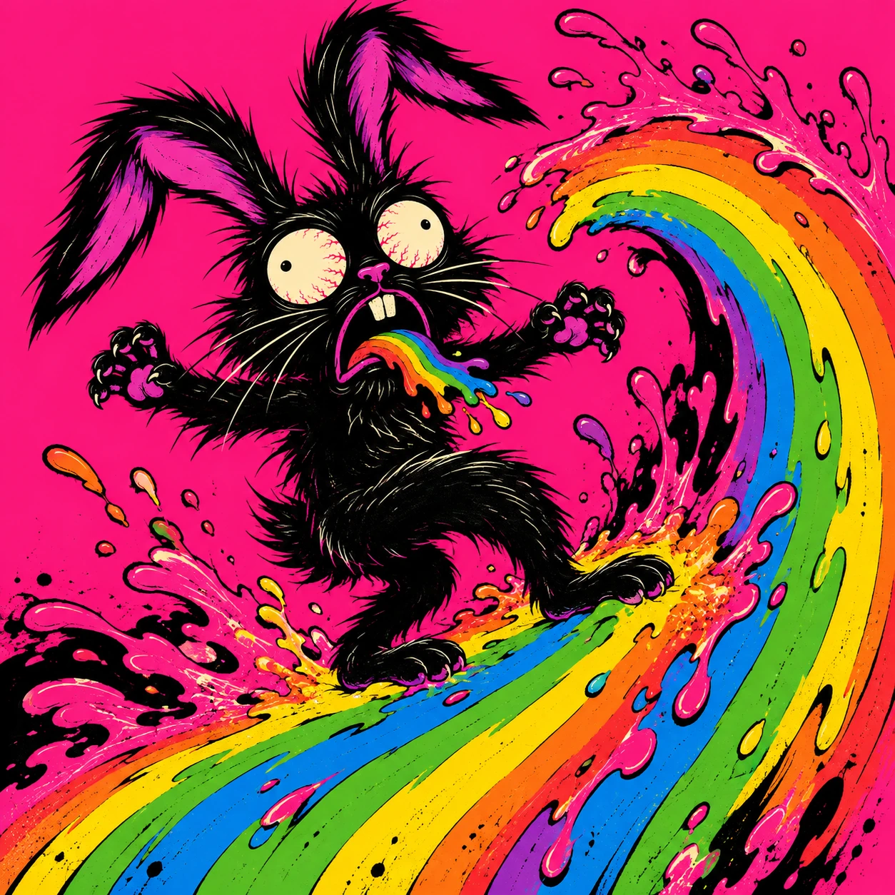 The black rabbit balances on a huge curling rainbow wave